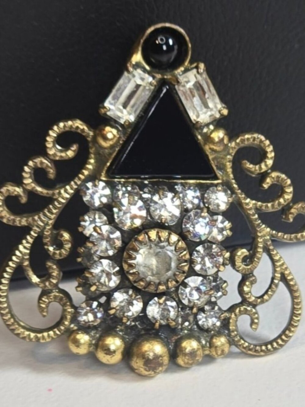 Vintage Mary DeMarco Gothic Revival Black Onyx Style Glass Statement Brooch